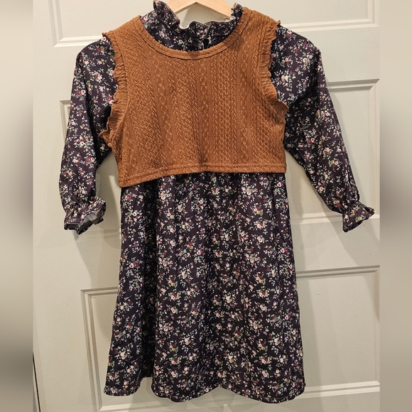 Floral Kids Dress with Brown Knit Overlay - Picture 3 of 10